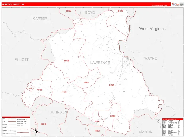 Lawrence County, KY ZIP Code Wall Map, RedLine style