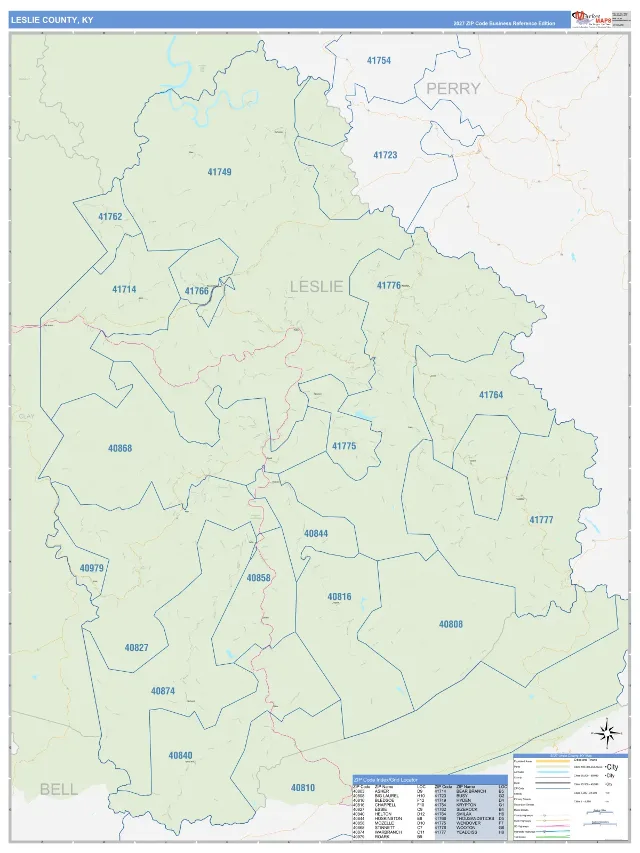 Leslie County, KY ZIP Code Wall Map, Business Reference style