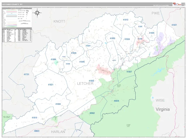 Letcher County, KY ZIP Code Wall Map, Classic style