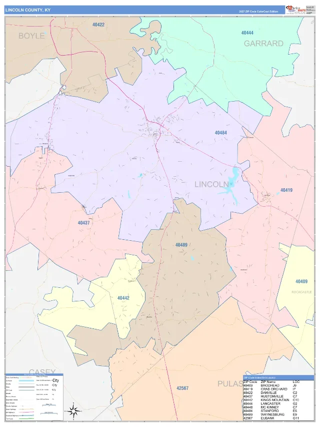 Lincoln County, KY ZIP Code Wall Map, ColorCast style