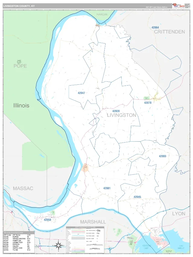 Livingston County, KY ZIP Code Wall Map, Classic style