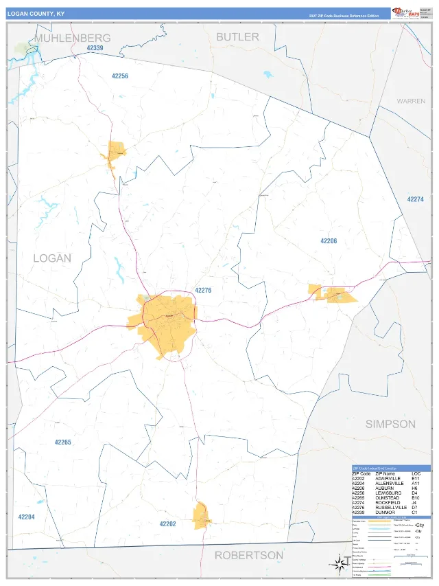 Logan County, KY ZIP Code Wall Map, Business Reference style
