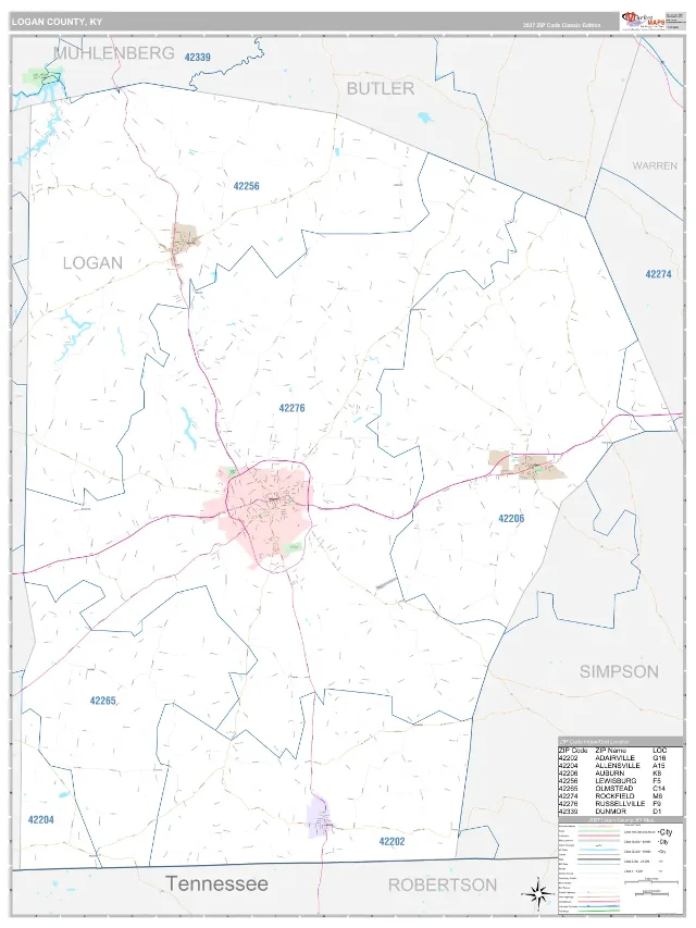 Logan County, KY ZIP Code Wall Map, Classic style