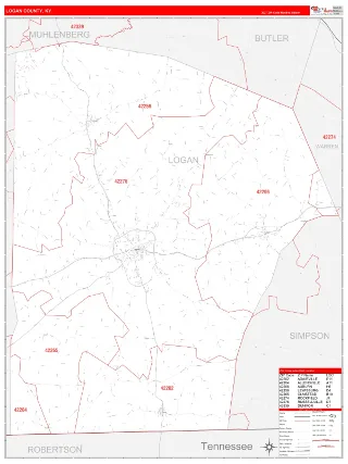 Logan County, KY RedLine style ZIP Code wall map