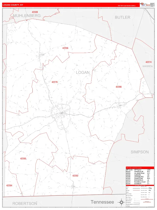 Logan County, KY ZIP Code Wall Map, RedLine style