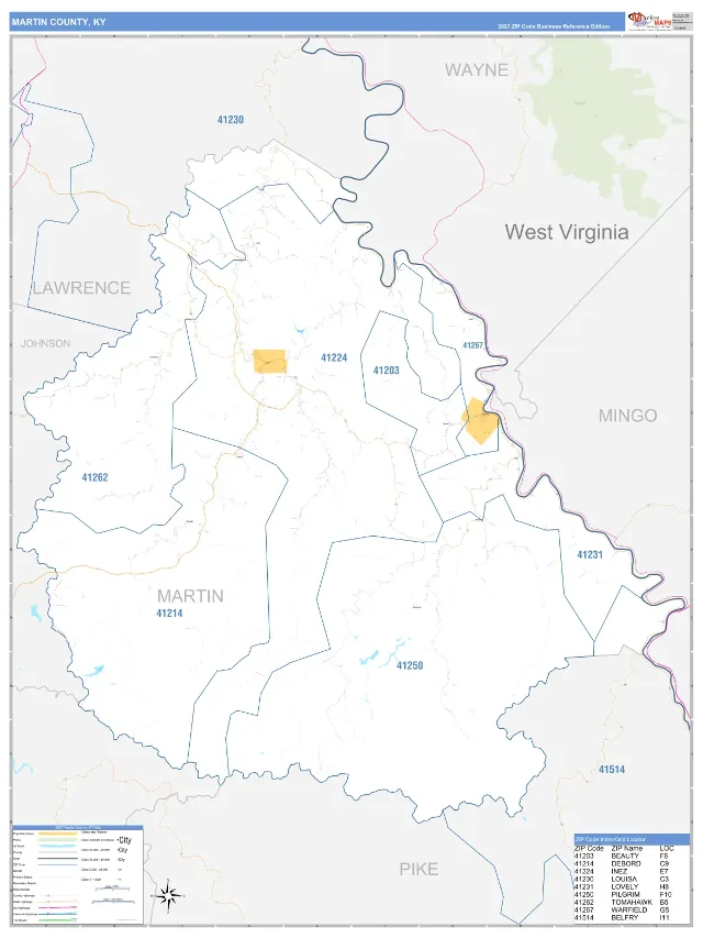 Martin County, KY ZIP Code Wall Map, Business Reference style