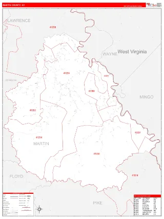 Martin County, KY RedLine style ZIP Code wall map