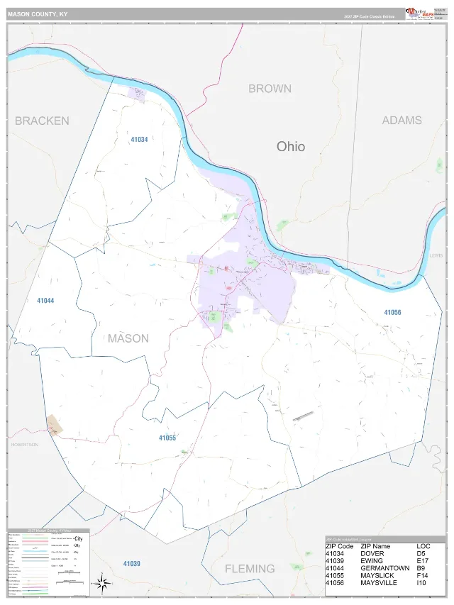 Mason County, KY ZIP Code Wall Map, Classic style