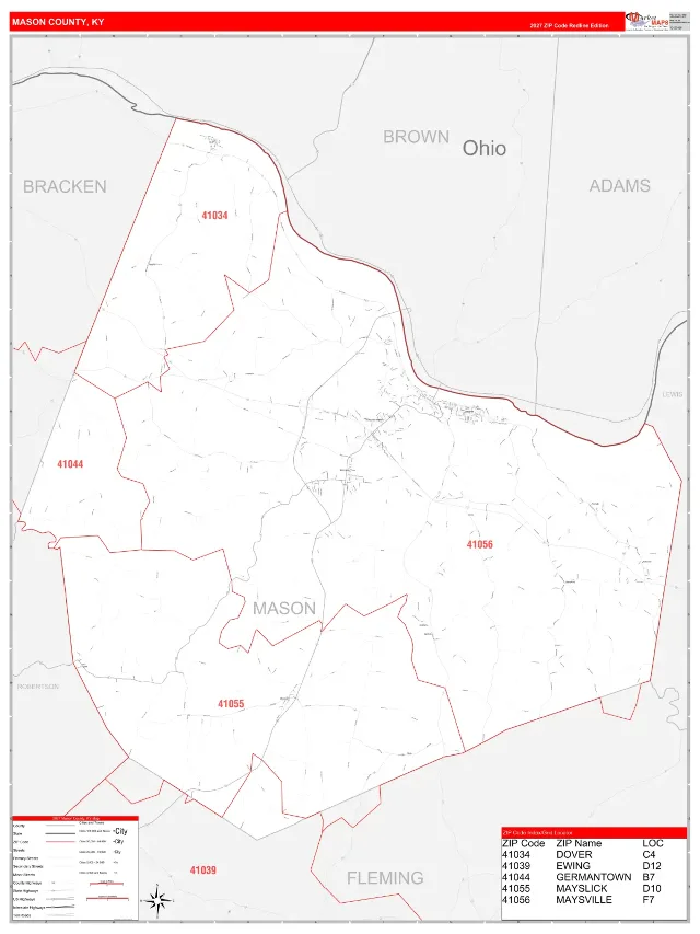 Mason County, KY ZIP Code Wall Map, RedLine style