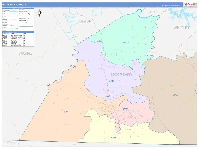 McCreary County, KY ZIP Code Wall Map, ColorCast style