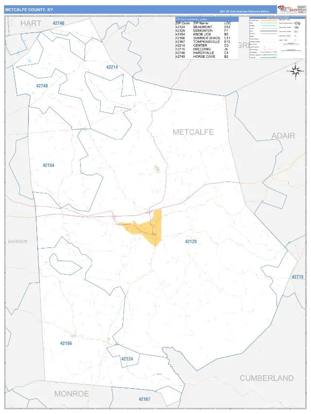 Metcalfe County, KY ZIP Code Wall Map, Business Reference style