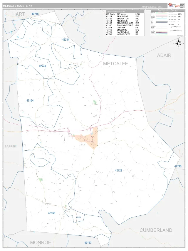 Metcalfe County, KY ZIP Code Wall Map, Classic style