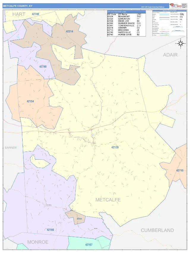 Metcalfe County, KY ZIP Code Wall Map, ColorCast style