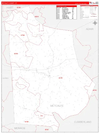 Metcalfe County, KY RedLine style ZIP Code wall map