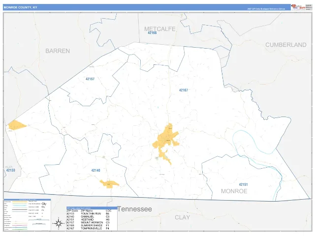 Monroe County, KY ZIP Code Wall Map, Business Reference style