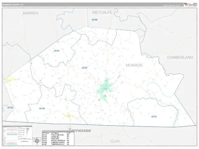 Monroe County, KY ZIP Code Wall Map, Classic style