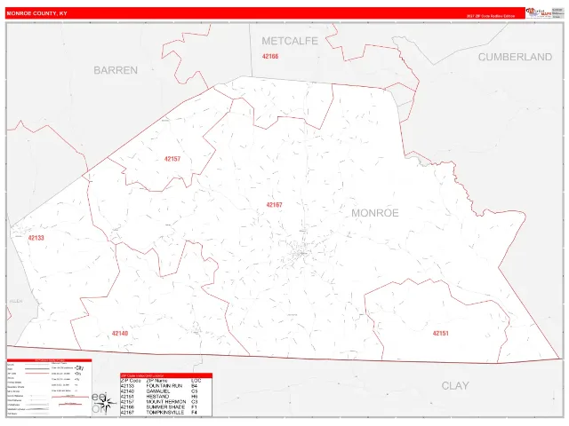 Monroe County, KY ZIP Code Wall Map, RedLine style