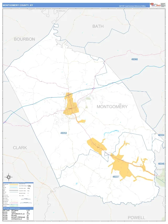 Montgomery County, KY ZIP Code Wall Map, Business Reference style