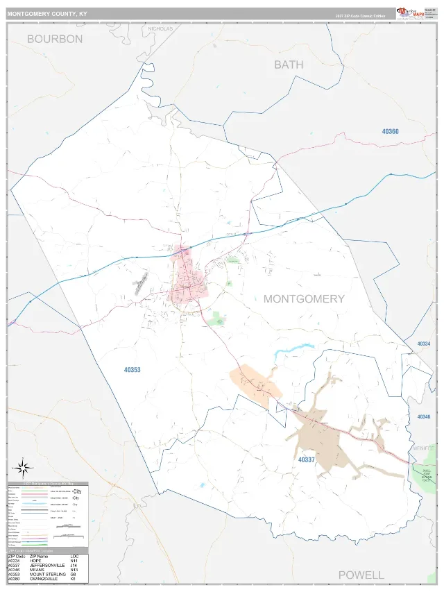 Montgomery County, KY ZIP Code Wall Map, Classic style