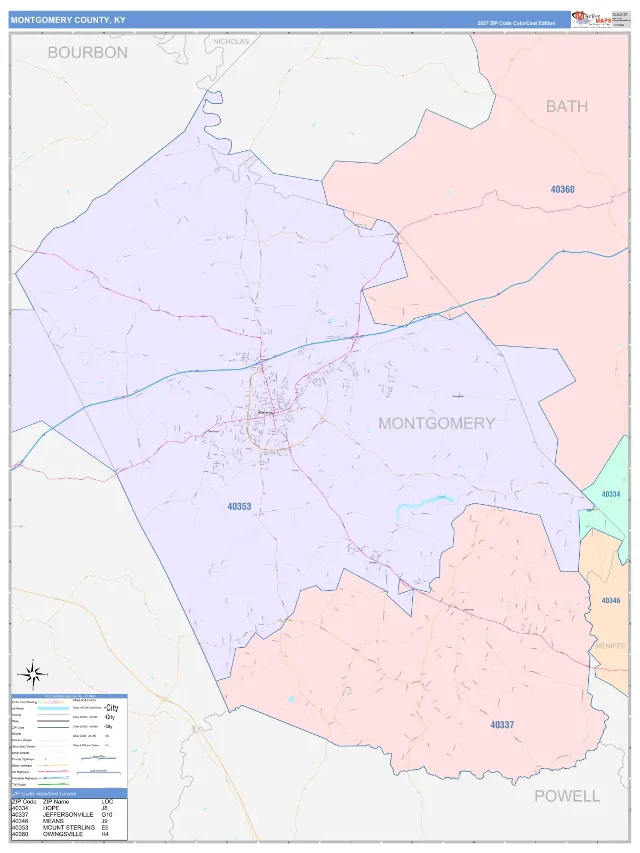 Montgomery County, KY ZIP Code Wall Map, ColorCast style
