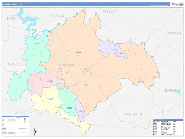 Morgan County, KY ZIP Code Wall Map, ColorCast style