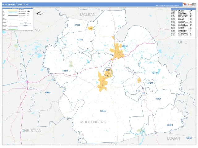 Muhlenberg County, KY ZIP Code Wall Map, Business Reference style