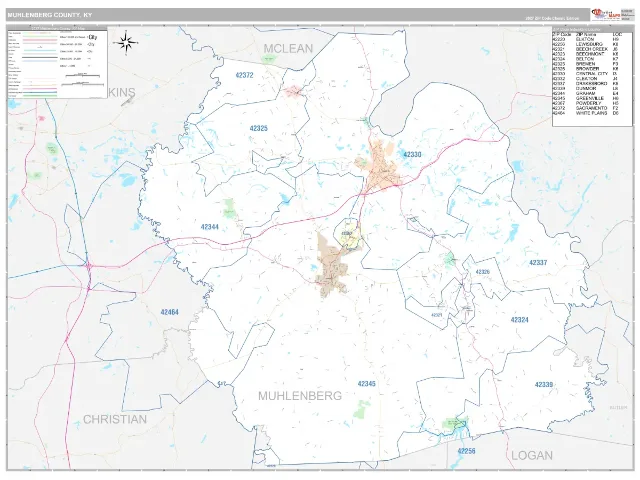 Muhlenberg County, KY ZIP Code Wall Map, Classic style