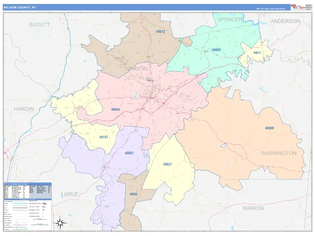 Nelson County, KY ZIP Code Wall Map, ColorCast style