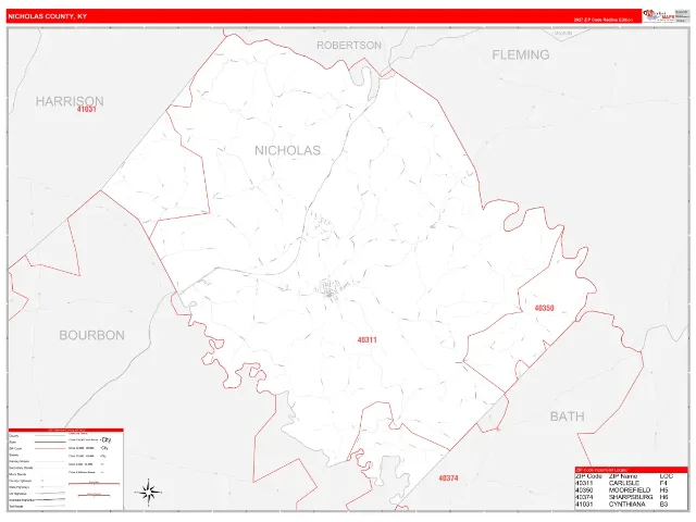 Nicholas County, KY ZIP Code Wall Map, RedLine style