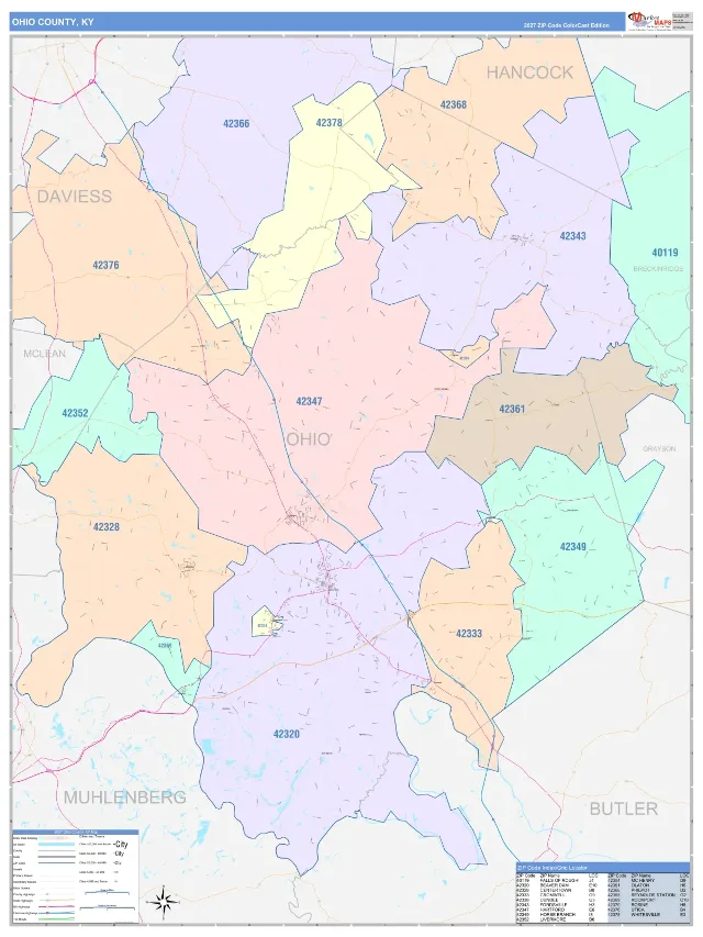 Ohio County, KY ZIP Code Wall Map, ColorCast style