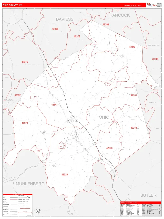 Ohio County, KY ZIP Code Wall Map, RedLine style