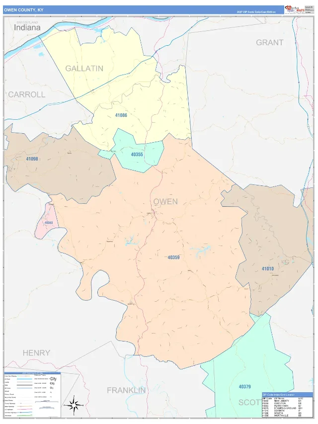 Owen County, KY ZIP Code Wall Map, ColorCast style