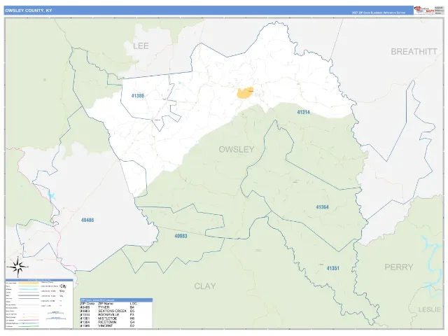 Owsley County, KY ZIP Code Wall Map, Business Reference style