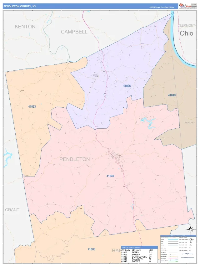 Pendleton County, KY ZIP Code Wall Map, ColorCast style