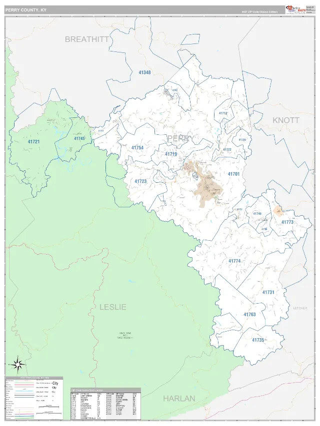Perry County, KY ZIP Code Wall Map, Classic style