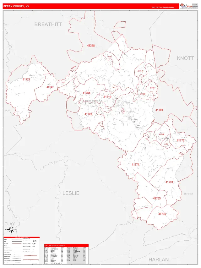 Perry County, KY ZIP Code Wall Map, RedLine style