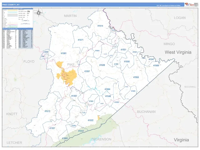 Pike County, KY ZIP Code Wall Map, Business Reference style