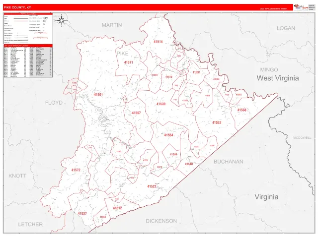 Pike County, KY ZIP Code Wall Map, RedLine style