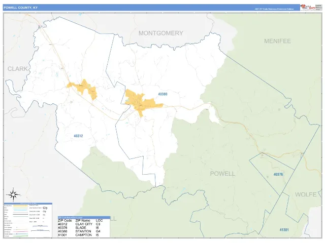 Powell County, KY ZIP Code Wall Map, Business Reference style