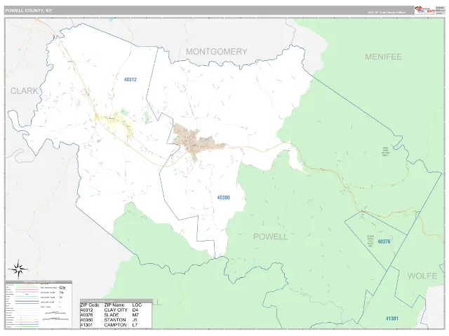 Powell County, KY ZIP Code Wall Map, Classic style