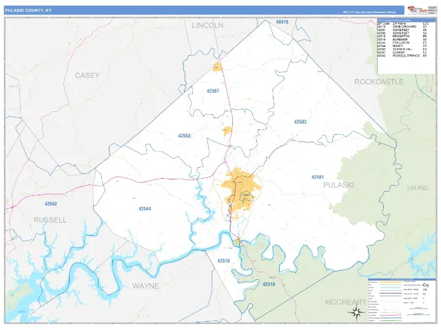 Pulaski County, KY ZIP Code Wall Map, Business Reference style