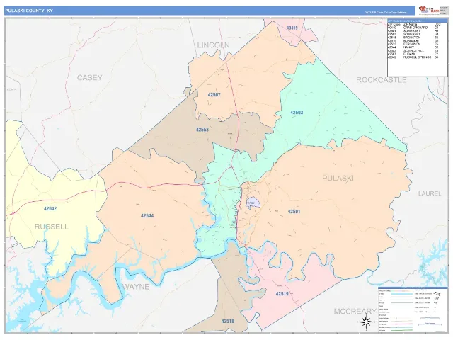 Pulaski County, KY ZIP Code Wall Map, ColorCast style