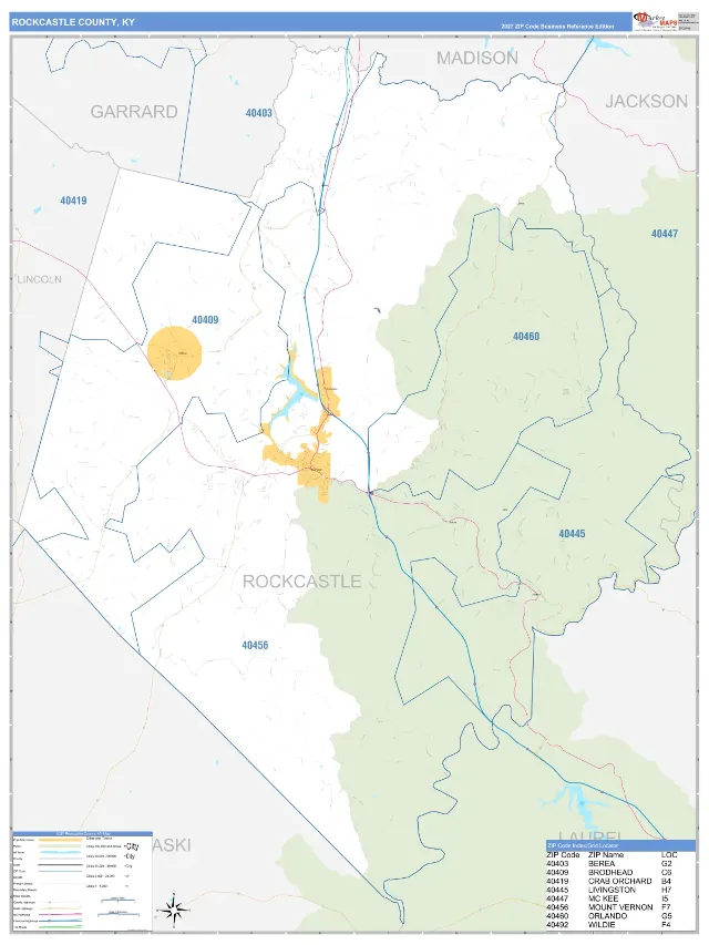 Rockcastle County, KY ZIP Code Wall Map, Business Reference style