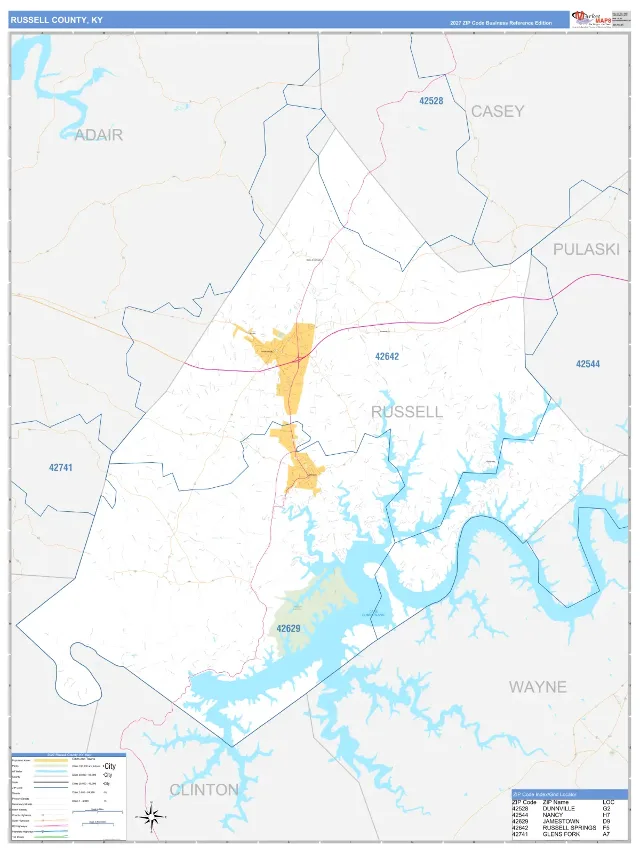 Russell County, KY ZIP Code Wall Map, Business Reference style