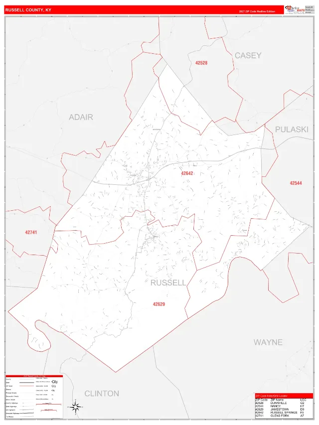 Russell County, KY ZIP Code Wall Map, RedLine style