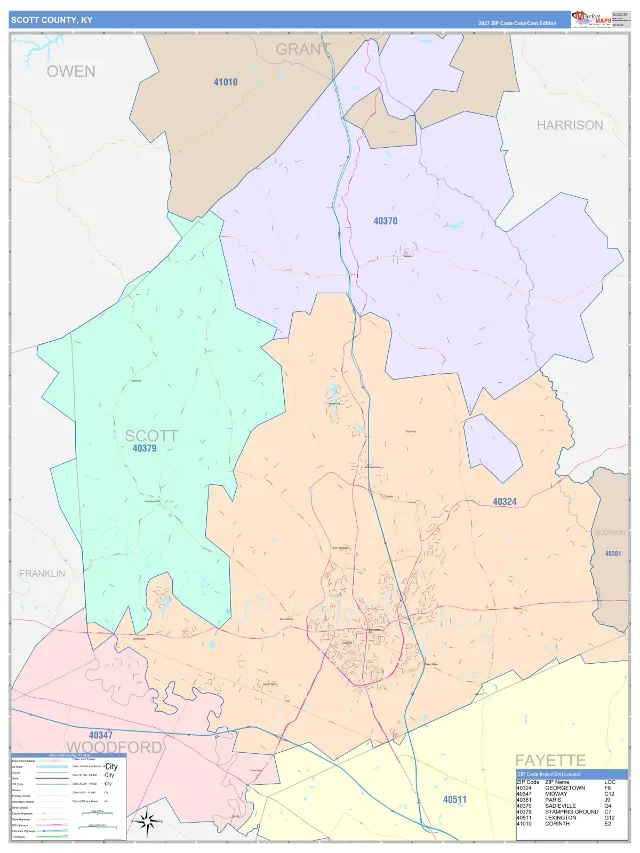 Scott County, KY ZIP Code Wall Map, ColorCast style