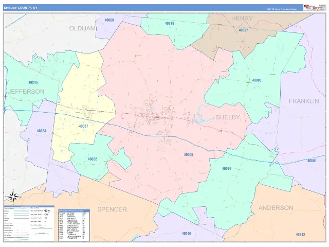 Shelby County, KY ZIP Code Wall Map, ColorCast style