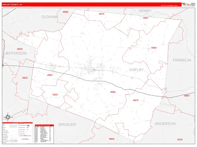 Shelby County, KY ZIP Code Wall Map, RedLine style