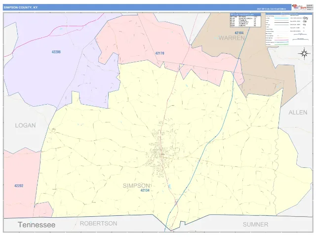 Simpson County, KY ZIP Code Wall Map, ColorCast style