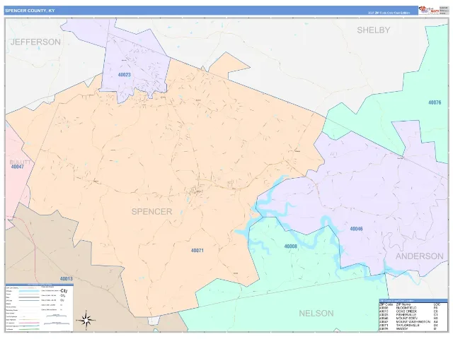 Spencer County, KY ZIP Code Wall Map, ColorCast style